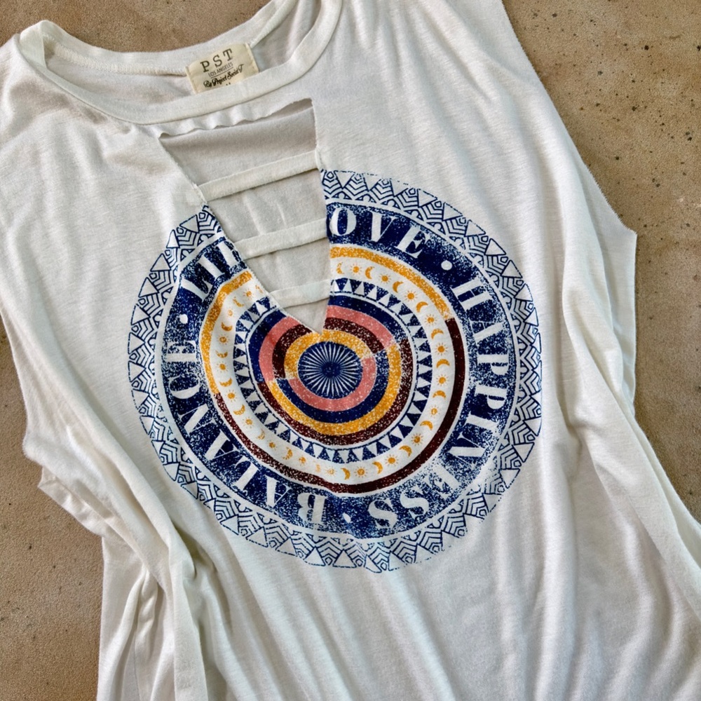 PST LA ❤️ Love Happiness Balance Life Distressed Boho Sleeveless Tee -Sz M ☮️